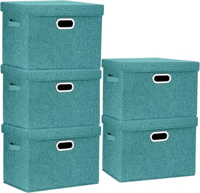 Grote Opbergdoos met Deksel, Vouwbaar en Wasbaar, Set van 5, 44x30x29cm, Aqua Blauw, Ideaal voor Organisatie en Opslag