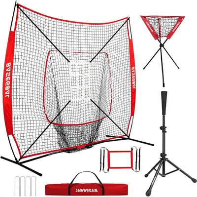 7'×7' Baseball Softball Exercise Net, Baseball Backstop, with Batting Tee, for Hitting Pitching Beating Catch with Bow Frame, Bonus Strike Zone (7x7 Red Net + Tee + Ball Caddy)