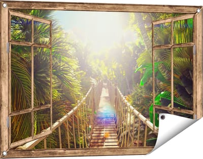 Gards Tuinposter Doorkijk Houten Brug in de Tropische Jungle - 90x60 cm - Tuindoek - Tuindecoratie - Wanddecoratie buiten - Tuinschilderij