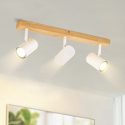 NETTLIFE Plafondspot GU10 3 Vlam - Wit - Metaal en Hout - Retro - Draaibaar 350° Plafondlamp - voor Woonkamer Slaapkamer Keuken - Max.25W-excl. lichtbron