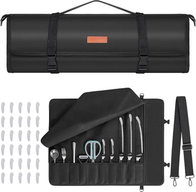 Professionele Koksmes Roll Tas met 10 Vakken en Grote Ritsvak van Gewaxed Canvas, Draagbaar met Verstelbare Schouderband en 30 Mesbeschermers, 70cm×47.5cm, Ideaal voor Koks en Kookliefhebbers