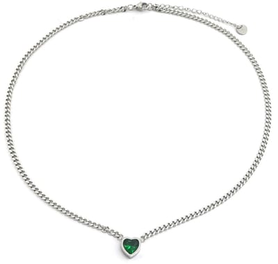 Ketting - Hart Zirkonia - RVS - Lengte 39-44 cm - Zilverkleurig en Groen – valentijn – cadeau