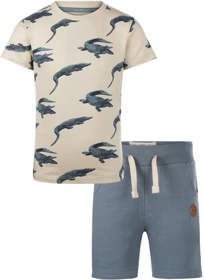 Koko Noko - Kledingset - 2delig - Joggingbroek Blue - Shirt Off White met krokodillen - Maat 86