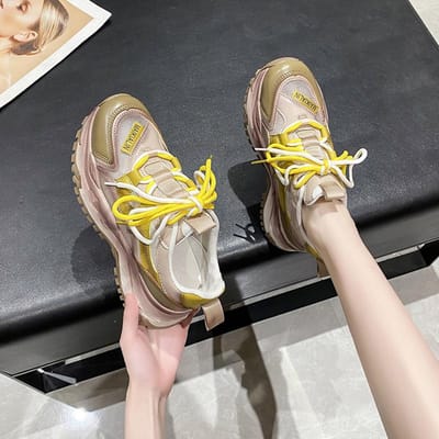 Nouveau Femmes chaussures nouvelles grosses baskets décontracté vulcanisé chaussures femme haute plate-forme baskets à lacets pour femme automne femme 40 jaune
