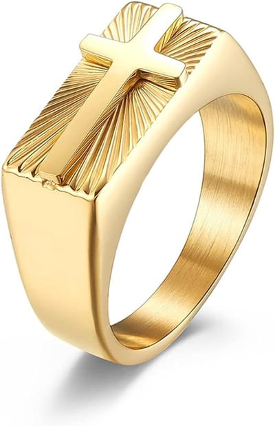 Zegelring Heren met Kruis - Goud Kleurig - Kruis Ring Heren - Staal - Herenring - Papa Cadeau Voor Mannen - Vaderdag