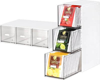 Compacte theedoos met 3 lades voor het opbergen van theezakjes, plastic opslagbox voor keukenorganisatie, 23 cm × 16,5 cm × 7,5 cm