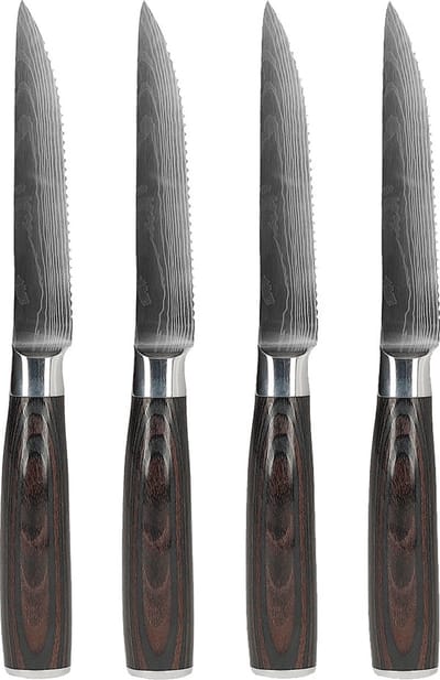 Shinrai Knives - Luxe Steakmessenset met Damascus Design - 4 Vlijmscherpe Messen in een Luxe Cadeaubox - Vleesmes - Koksmes - Keukenmes