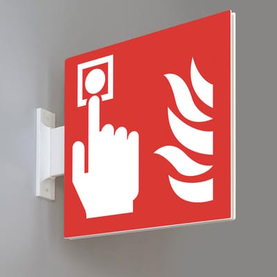 Bord Brandmelder – Dubbelzijdig Uithangbord (Flag Sign) – Brandmelder pictogram – Zichtbaar vanuit meerdere Richtingen – Wand of Plafond – 15 x 15 cm – 3D-geprint