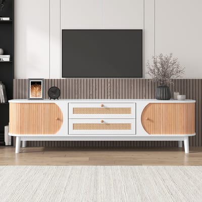 Sweiko TV Kast, Natuurlijke Houten Blend TV Kast met Deuren en Lades, TV standaard met rotan zijkanten, Opslagoplossing, natuurlijke landelijke stijl