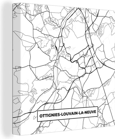 Canvas Schilderij Stadskaart – Plattegrond – België – Zwart Wit – Ottignies Louvain la Neuve – Kaart - 20x20 cm - Wanddecoratie