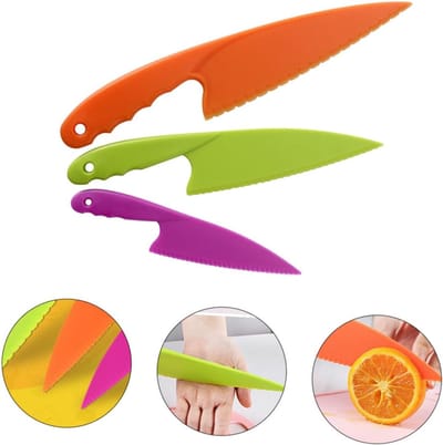 3 stuks kinderset met fruit- en taartmes - Veilig materiaal - Keukenmes - Bakmes - 18*5*28,6 cm - Geschikt voor jongens en meisjes - Roze, oranje, groen