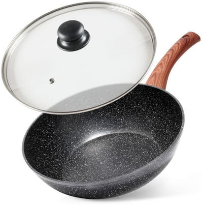 Wokpan Graniet met Glazen Deksel BLACK&WOOD 28 cm - Koekenpan - Diepe Braadpan - Aziatische Kookpan