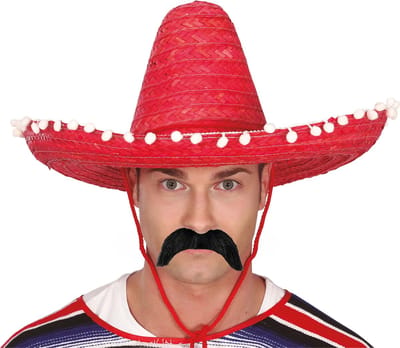 Smiffys Mexicaan Carnaval verkleed set - Grote sombrero hoed rood - Dia 50 cm - met plaksnor - heren