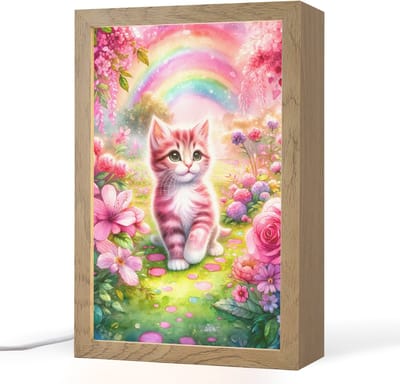 Nachtlampje 20x30 cm - Kinder lampje - Kitten - Roze - Kat - Regenboog - Bloemen - Tafellamp kinderkamer - Slaapkamer lamp - Bedlamp kinderen - Kinderlampje stopcontact - Wandlamp babykamer - Nachtlampjes