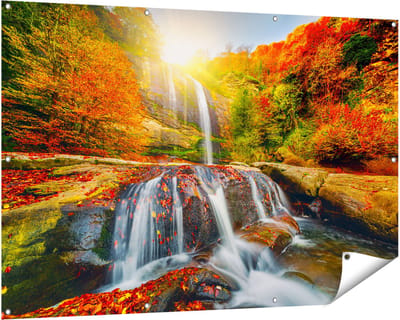 Gards Tuinposter Waterval in de Herfst Kleuren - 150x100 cm - Tuindoek - Tuindecoratie - Wanddecoratie buiten - Tuinschilderij