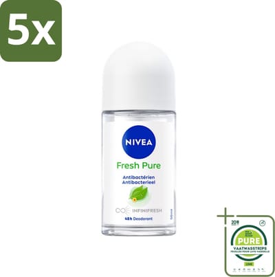 5 x NIVEA - Deodorant Roller - Frisse Puurheid - Antibacterieel - 48 Uur Werking - 50 ml - Grootverpakking - NIVEA Deodorant - Deodorant Roller - Deodorant 50 Ml - Antitranspirant - Aluminiumvrij Deodorant