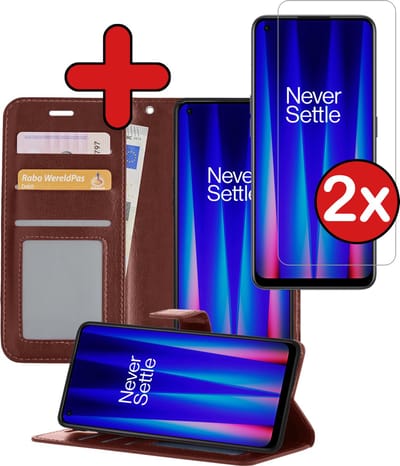 Hoesje - Met 2x Screenprotector - Geschikt voor OnePlus Nord CE 2 - Luxe Pasjeshouder - Flip Case - Bookcase Portemonee - Kunstleer Book Case - Flipcase Hoes - Book Cover - Walletcase - Portemonneehoes - Telefoonhoes - Bruin