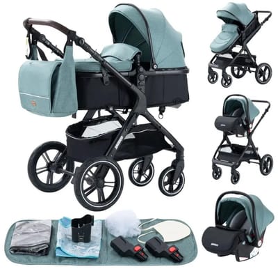 Premium 3-in-1 Kinderwagen - Draagbaar, Opvouwbaar, met Vering - Aluminium Frame - Inclusief Autostoel - Kwalitatieve Buggy voor Pasgeboren Baby - Luxe Multifunctionele Combi Kinderwagen - Groen/Zwart