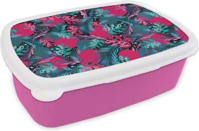 Broodtrommel Roze - Lunchbox - Brooddoos - Bladeren - Hawaii - Design - Roze - Blauw - 18x12x6 cm - Kinderen - Meisje