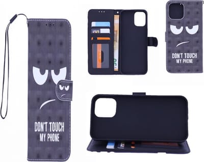 LuxeBass Boekhoesje met print geschikt voor Apple iPhone 12 Pro Max - Don't Touch My Phone 3D - telefoonhoes - gsm hoes - telefoonhoesjes