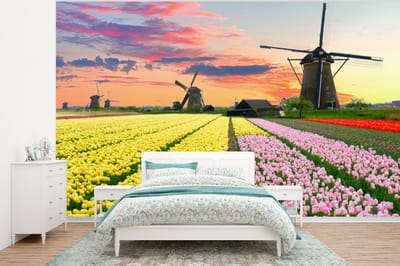 Behang - Fotobehang Tulpen - Windmolen - Natuur - Breedte 375 cm x hoogte 280 cm