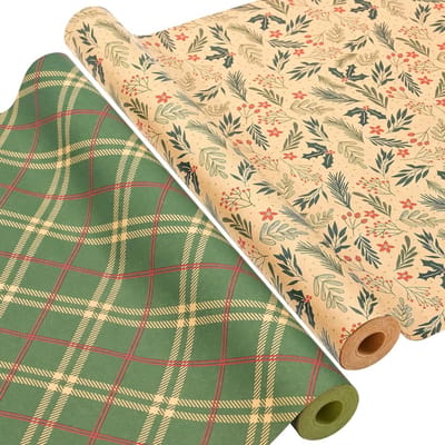 Kerst Cadeau Inpakpapier Set van 2 Rollen, 43cm x 15m Recyclebaar Kraft Papier voor Verjaardags- en Feestdecoraties
