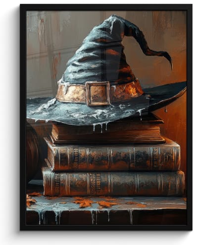 Poster in lijst - Fotolijst 50x70 cm - Posters - Halloween - Stilleven - Heksenhoed - Pompoen - Heks - Posterlijst zwart - Decoratie - Wanddecoratie woonkamer - Muurdecoratie slaapkamer