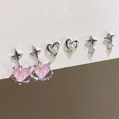 6 stks/set Hart Stud Oorbellen vrouwen Persoonlijkheid Mode Roze Kristal Temperament Ster Oorbellen Piercing Oren Sieraden 6pcs