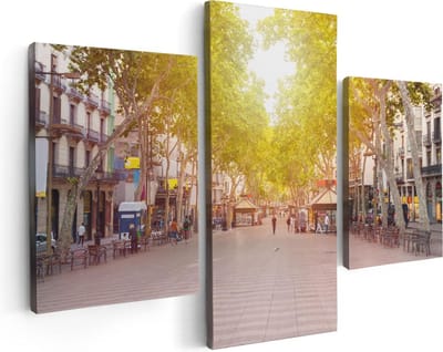 Artaza Canvas Schilderij Drieluik De Ramblas Straat in Barcelona - 90x60 - Foto Op Canvas - Canvas Print