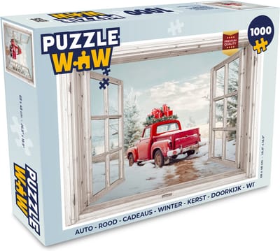 Puzzel Auto - Rood - Cadeaus - Winter - Kerst - Doorkijk - Wit - Legpuzzel - Puzzel 1000 stukjes volwassenen - Kerst - Cadeau - Kerstcadeau voor mannen, vrouwen en kinderen