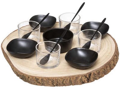 Secret de Gourmet Serveerplank/amuse/aperitief hapjes - hout/keramiek - zwart - voor 4x personen - 14-delig - keuken