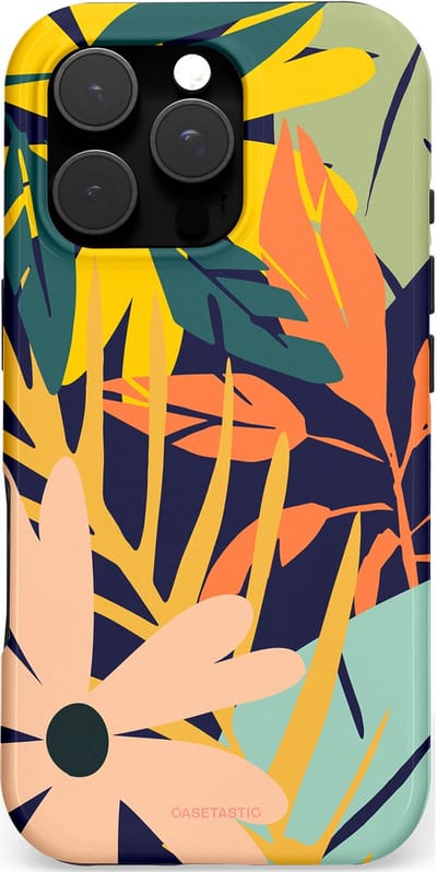 Casetastic hoesje geschikt voor Apple iPhone 16 Pro - MagSafe - Dubbellaagse bescherming - Ruwe bloemen - Fashion Case - Donkerblauw Perzik Geel Mintgroen