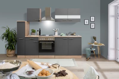 Goedkope keuken 240  cm - complete keuken met apparatuur Merle  - Eiken/Grijs - soft close - elektrische kookplaat    - afzuigkap - oven    - spoelbak