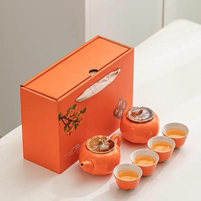 Service à thé Ruyi Kaki Théière Kaki Tasse à thé boîte cadeau orange avec cadeau fait main cadeau de vacances service à thé pour la maison Durable