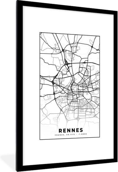 Fotolijst incl. Poster Zwart Wit- Frankrijk - Plattegrond - Rennes - Stadskaart - Kaart - Zwart wit - 80x120 cm - Posterlijst