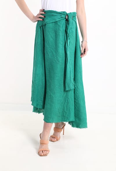 Linnen vintage linnen maxi rok met ceintuur, GROEN kleur, met elastische talie maat 42/44