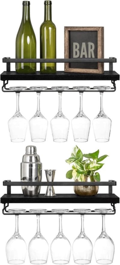 Thuys - Wijnrek Muur Zwart - Set van 2 - Wandplanken met Glazenhouder