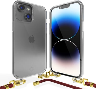 Coverzs telefoonhoesje geschikt voor Apple iPhone 14 Plus transparante case met koord - Telefoonhoesje met koord - Backcover hoesje met koord - touwtje - donkerrood