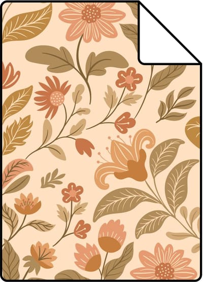 Proefstaal ESTAhome behang vintage bloemen warm beige en groen - 26.5 x 21 cm - 131897-S
