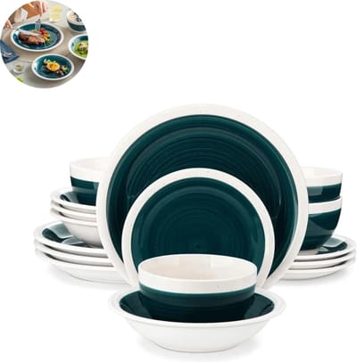 Luxe Serviesset – 16 delig – 4 persoons – Porselein - Bordenset – Dinner platen – Dessertborden - Kommen - Pastabord - Groen