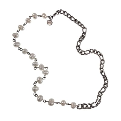 esde2 Parelketting Unisex - RVS Figaro Schakelketting met Witte Zoetwaterparels - 52 cm