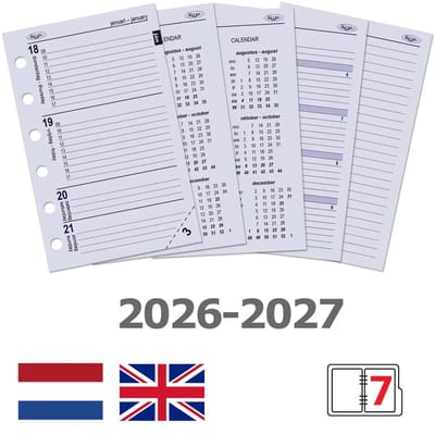 Kalpa 6237-26-27 125 x 80 mm Pocket 6 Ring Agenda Planner-inzetstukken 1 Week per 2 Paginas NL EN 2026 2027