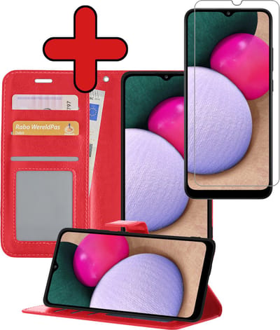 Hoesje - Met Screenprotector - Geschikt voor Samsung Galaxy A02s - Luxe Pasjeshouder - Flipcase - Bookcase Portemonee - Flip Case - Kunstleer Book Case - Book Cover - Walletcase - Portemonneehoes - Telefoonhoes - Rood