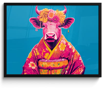 Poster in lijst - Fotolijst 70x50 cm - Posters - Koe - Bloemenkrans - Oorhangers - Kimono - Posterlijst zwart - Decoratie - Wanddecoratie woonkamer - Muurdecoratie slaapkamer
