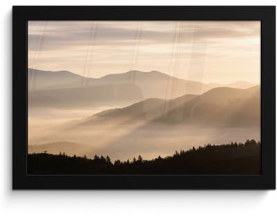 Poster in lijst - Fotolijst 30x20 cm - Posters - Bergen - Mist - Zonnestralen - Posterlijst zwart - Decoratie - Wanddecoratie woonkamer - Muurdecoratie slaapkamer