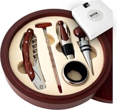 Elegante Wijnaccessoire Set Cadeauset van Natuurlijk Hout en Roestvrij Staal
