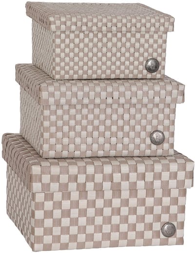 SET van 3 Opbergbox lichtbruin geruit patroon met deksel – stevige kunststof mand – decoratieve opbergdoos voor woonkamer, slaapkamer en kantoor - Handed By Cube Basket Basket size small, medium and large set 3