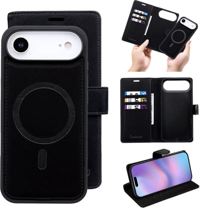 Casemania Hoesje Geschikt voor Apple iPhone 17 Air - Onyx Black - 2 in 1 Bookcase met Velvet Finish - Geschikt voor MagSafe - Magnetisch Portemonnee Telefoonhoesje met Pasjeshouder en Afneembare Cover - Kunstleer Wallet Case - Zwart