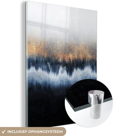 MuchoWow® Glasschilderij 60x80 cm - Schilderij acrylglas - Abstract - Goud - Luxe - Blauw - Foto op glas - Muurdecoratie woonkamer - Wanddecoratie slaapkamer - Schilderijen