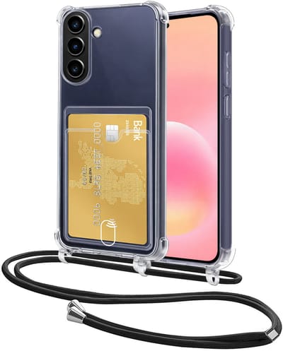 Hoes Geschikt voor Samsung Galaxy A57 Hoesje Pasjeshouder Cover Met Koord Shock Proof Case Siliconen Hoes Met Telefoonkoord en Kaarthouder - Transparant